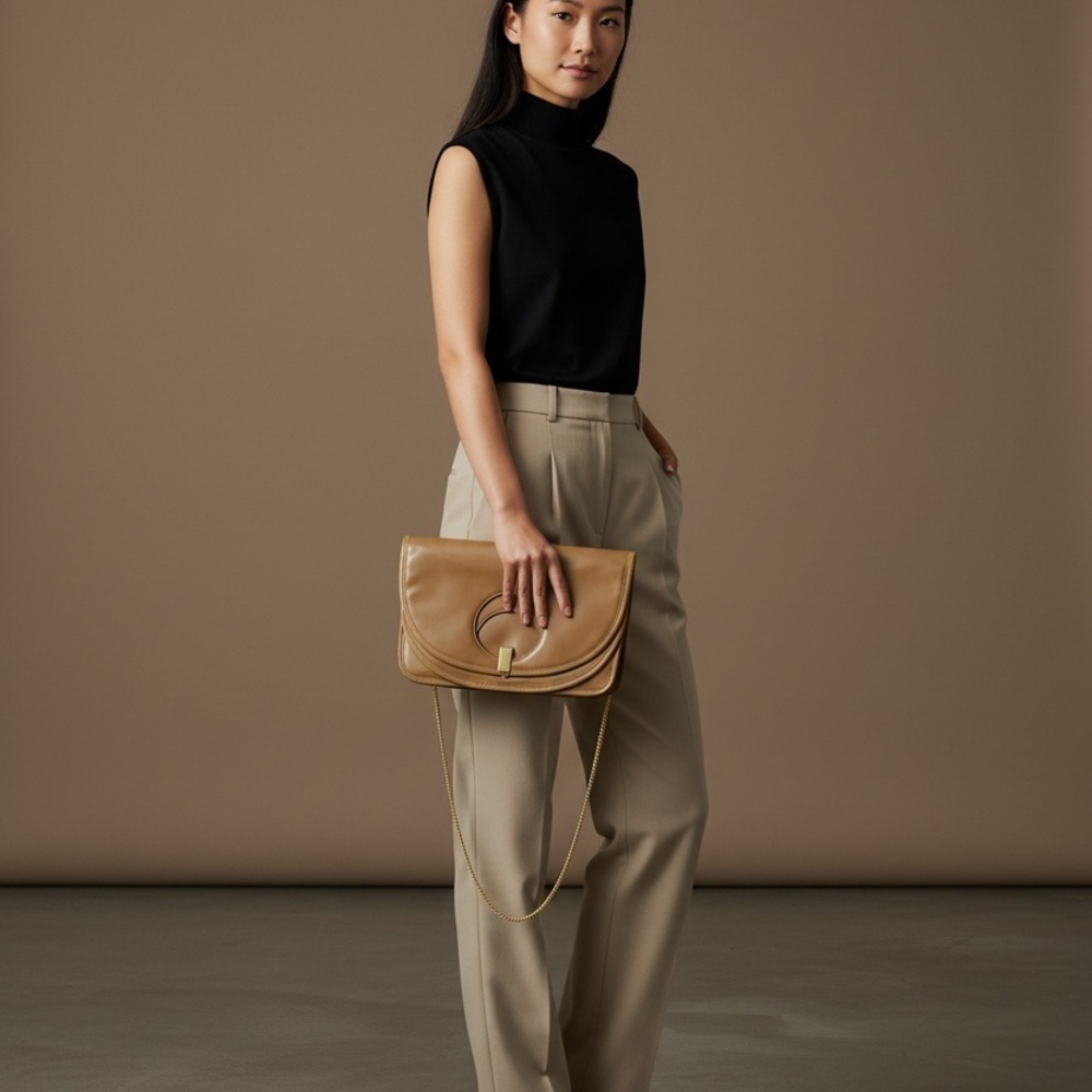 Vintage Susan Gail Minimalist Luxe Genuine Leather Cutch Shoulder Bag‎ Tan Clasp